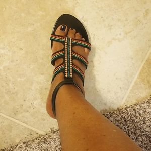 Nanette Lepore Black Rainbow T-Strap Thong Sandal